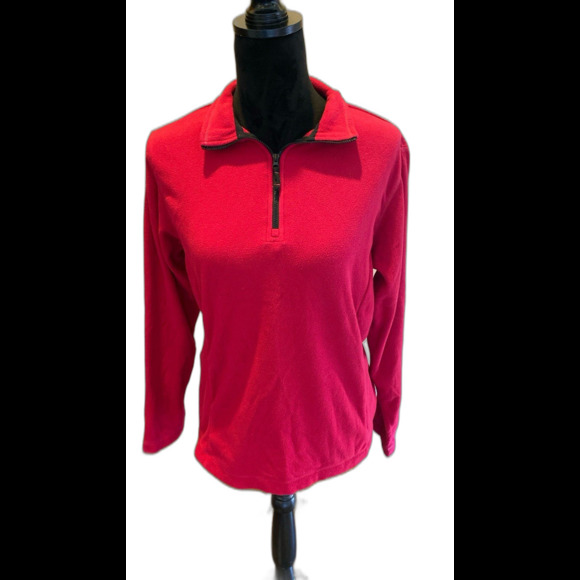 Lands’ End Fleece Jacket Top Sz Medium 10-12 Red 1/4 Zip Casual  Therma Check - Picture 2 of 10